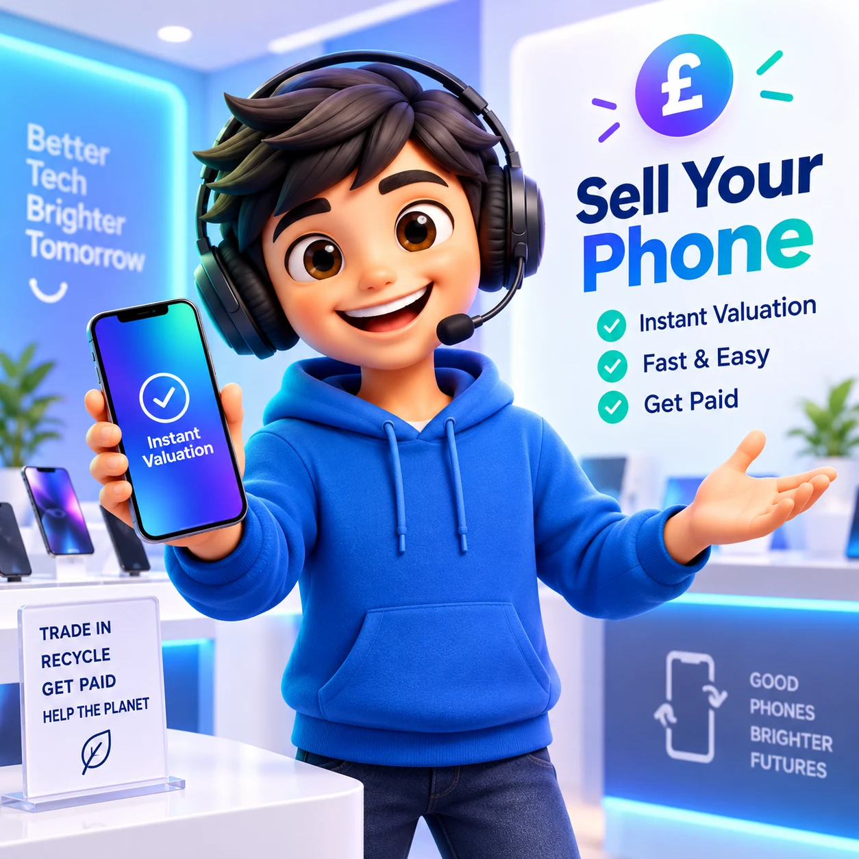 Sell My Phones support mascot presenting an instant phone valuation