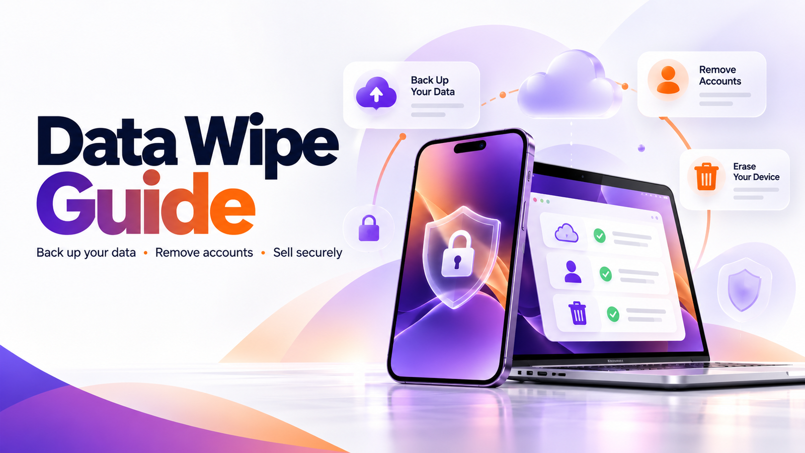 Phone data wipe guide showing backup account removal and secure device erase steps